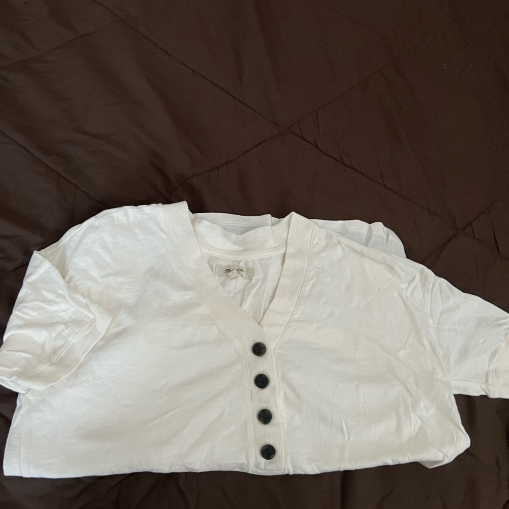 Madewell White Button-Up V-Neck Top